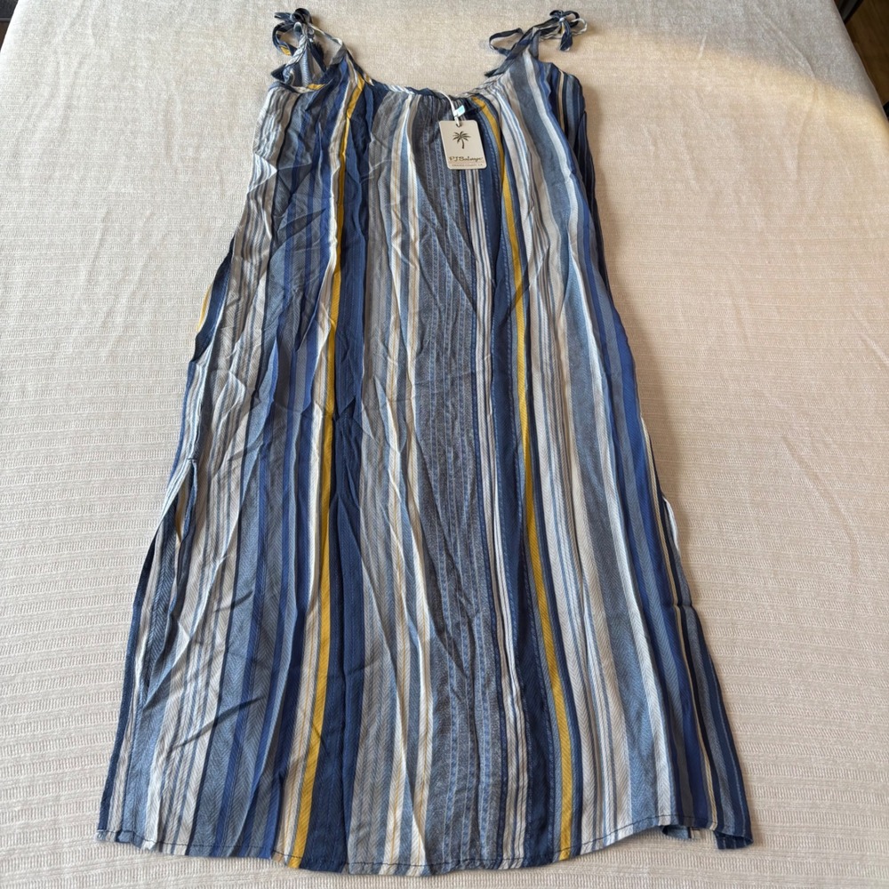 PJ Salvage Blue Yellow Striped Rayon Midi Dress Tie Strap Tassels Small NEW